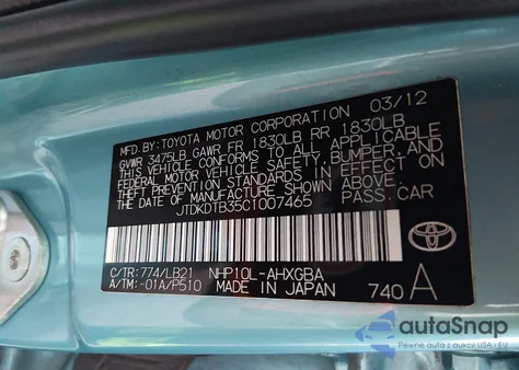 2012 Toyota Prius C Four из США, поврежденный, VIN JTDKDTB35C1007465